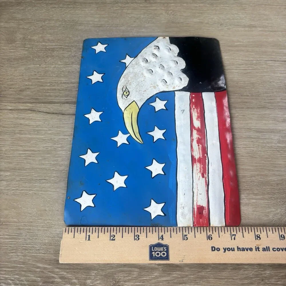 Hand Painted Metal American Flag Bald Eagle Sign Folk Art Wall Decor 10